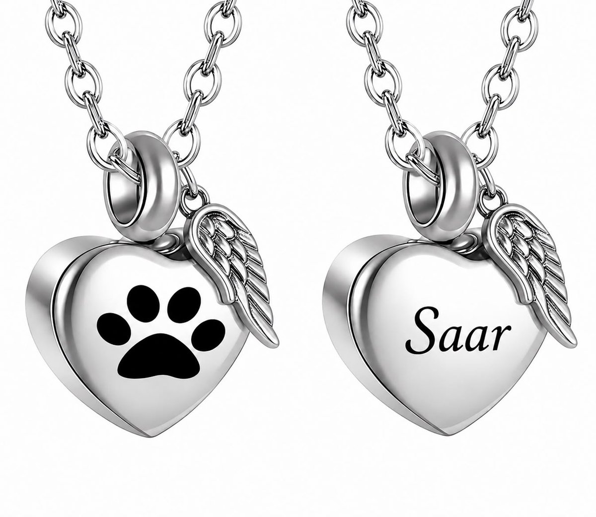 Gepersonaliseerde Ashanger Huisdier met Naam – Ashanger Hart met Pootafdruk Engelenvleugel en Naam – Ashanger Huisdier Graveren - RVS Gedenksieraad Hond & Kat – Inclusief Schakelketting – Zilver – Ashanger Vleugelhart