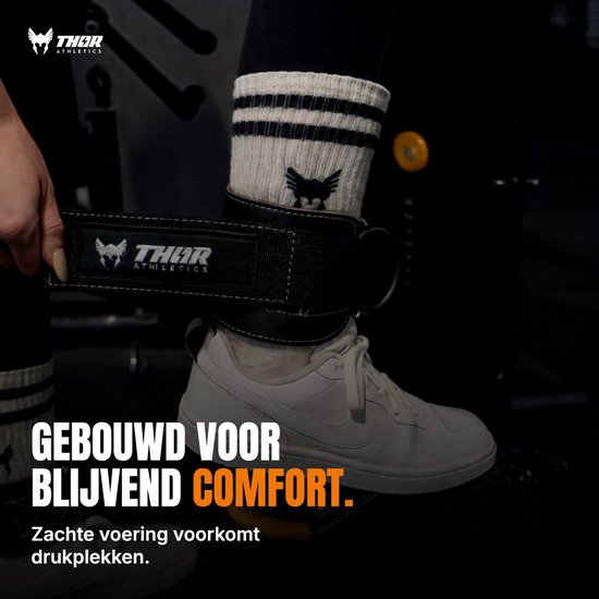Voet van een vrouw met zwarte Thor Athletics enkelbanden. Tekst: 'GEBOUWD VOOR BLIJvend COMFORT.'