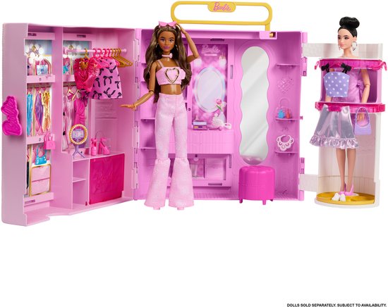 Barbie kledingkast met Spin & Style functie - Kaptafel, Poef, 4 Outfits, meer dan 20 Onderdelen en Draagbare Opbergruimte — afbeelding 3
