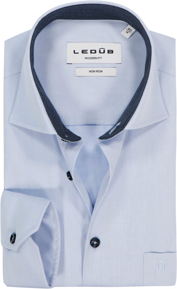 Ledub modern fit overhemd - twill - lichtblauw - Strijkvrij - Boordmaat: 44 (EU maat: XL)