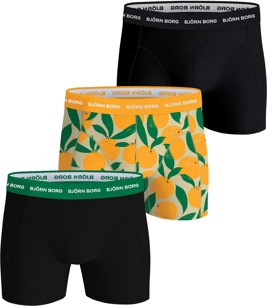 Björn Borg Cotton Stretch boxers - heren boxers normale lengte (3-pack) - zwart - citroenen print en zwart met groene band