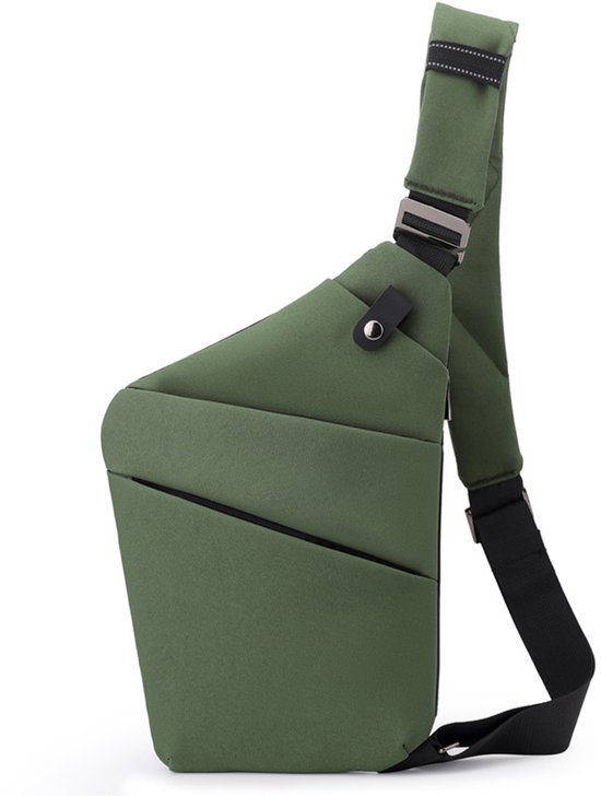 Sac bandoulière antivol vert avec sangle réglable et fermeture magnétique.