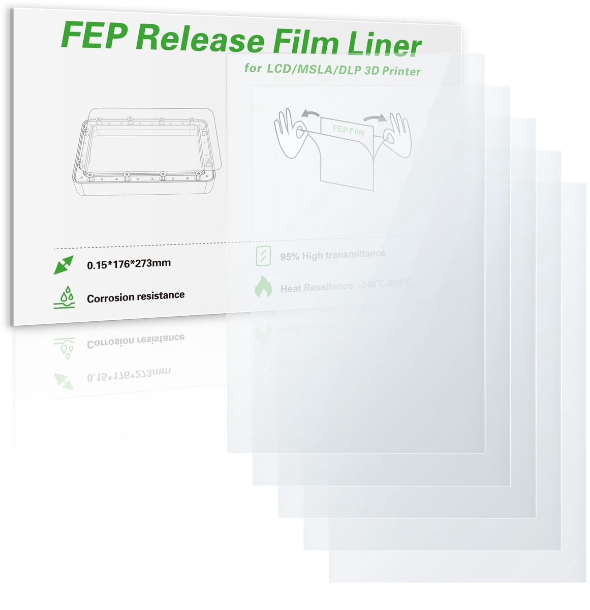 Dailygoods- Release Liner FEP 273 x 176 x 0,15 mm - 5 Stuks - 95% Lichtdoorlatendheid - Temperatuurbestendig - Compatibel met Elegoo Saturn 2/3/4/4 Ultra/4 Ultra 16K - Duurzaam FEP-materiaal - FEP Folie