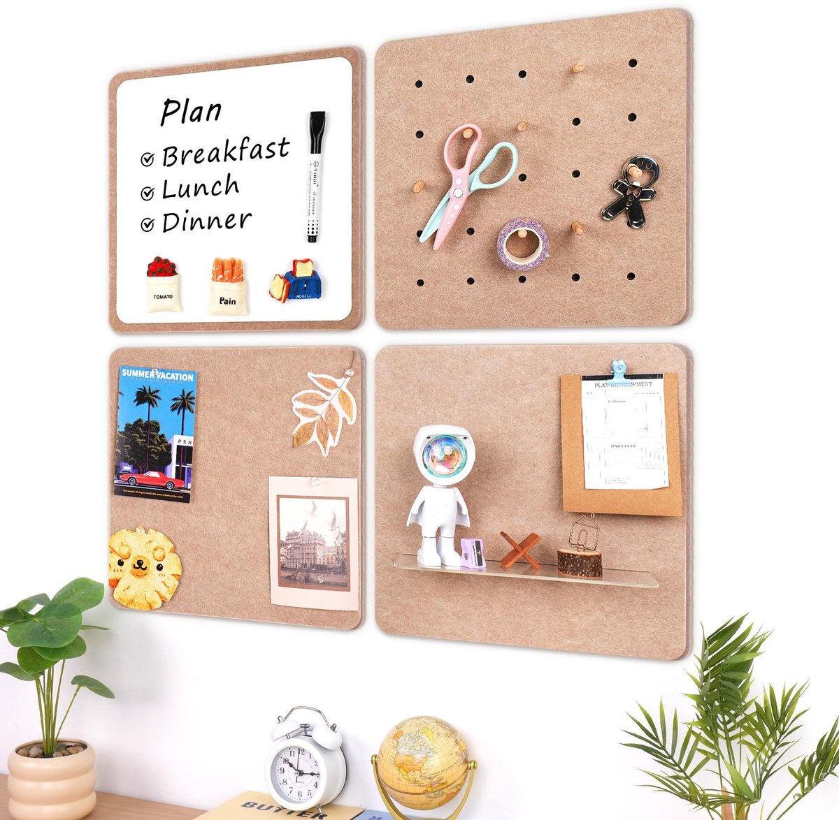 Dailygoods - Bulletin Board Set van 4 Stuks - 30,5 x 30,5 cm kurkborden met whiteboard marker