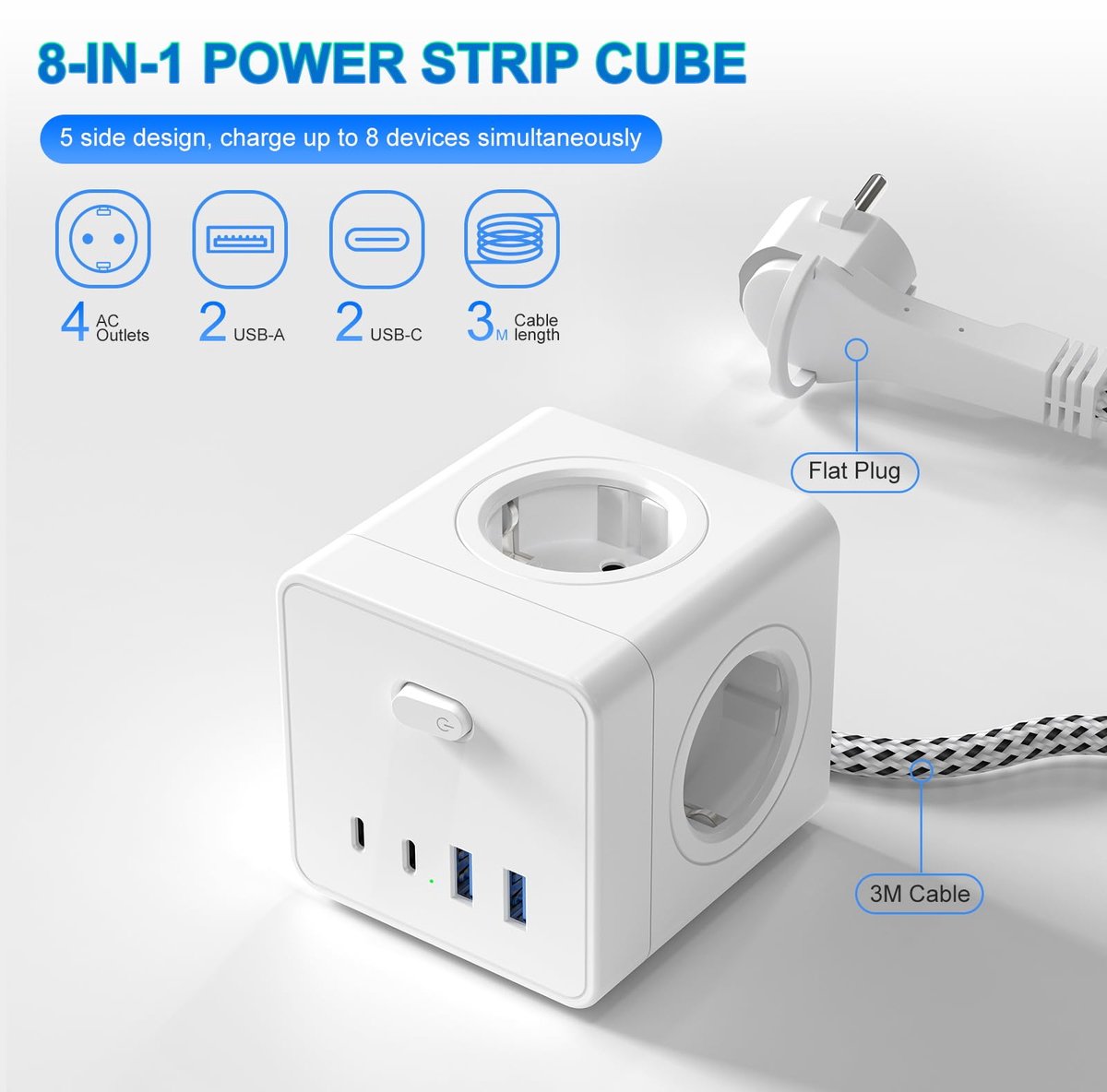 SnelShoppen - Stekkerkubus met 2 USB-C, 4-Voudige Stekkerdoos met Schakelaar, Meervoudige Stopcontacten, 3m Kabel, Platte Stekker, Wit voor Thuis en K
