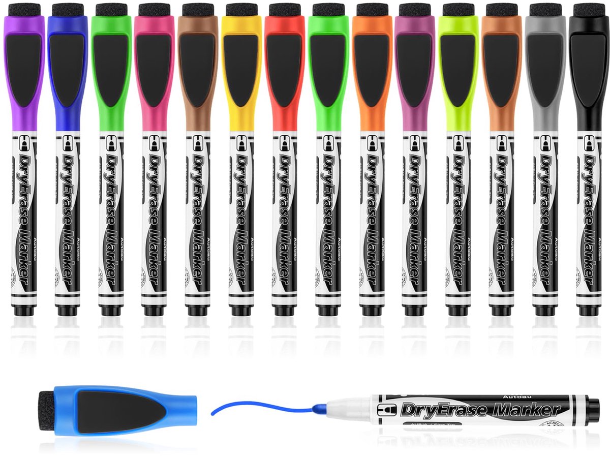 SnelShoppen - 15 Stuks Whiteboardmarkers Magnetisch - Fijne Afveegbare Foliepen met Gum - Dry Erase Stiften voor School, Kantoor en Thuisgebruik