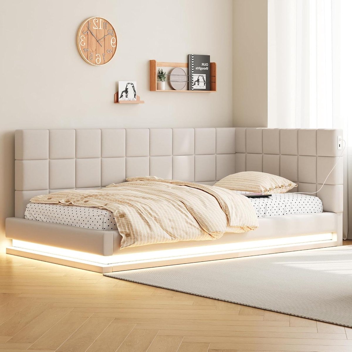 Gestoffeerde Slaapbank - Opklapbed Bank - Ontspannen en Slapen - Geïntegreerd USB-stopcontact - 90x200 cm - Beige