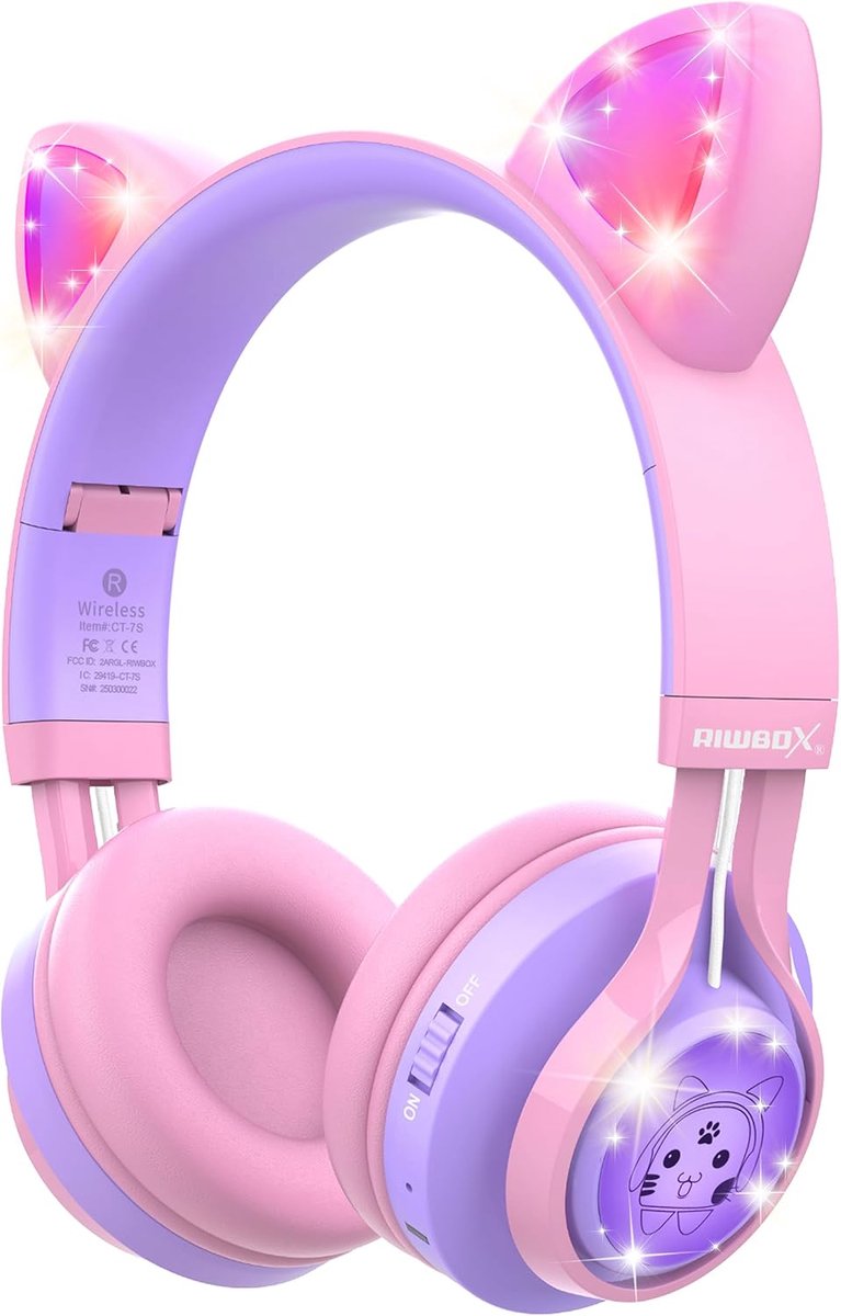 SnelShoppen - Riwbox Kinderhoofdtelefoon CT-7S Kattenoor Bluetooth Hoofdtelefoon met LED-Licht, 85dB Volumebegrenzing, Over het Oor met Microfoon voor