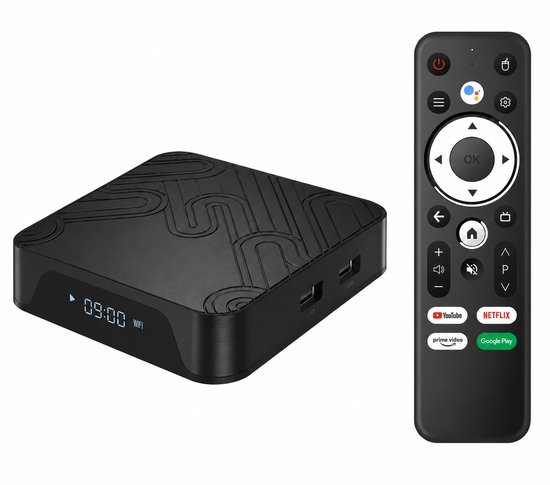 Zwarte mediaspeler met een gedessineerd deksel en een zwarte afstandsbediening met knoppen voor populaire streamingdiensten.
