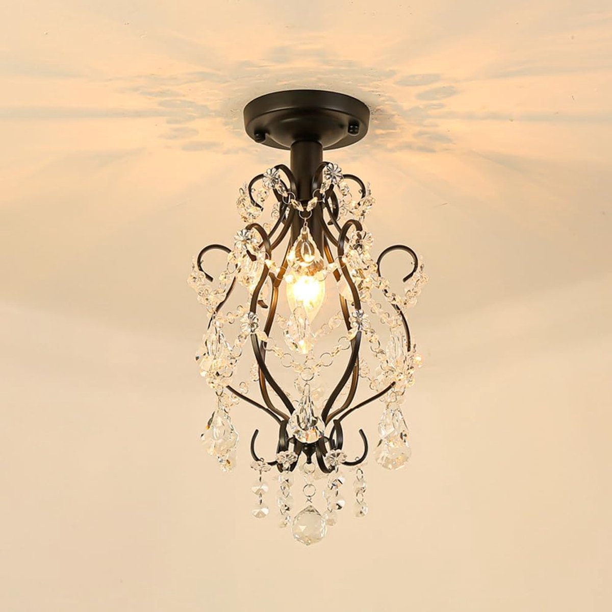 KZQ Vintage Kristal Hanglamp - E14 Fitting - Plafondlamp - Voor Slaapkamer Woonkamer Hal - Zwart