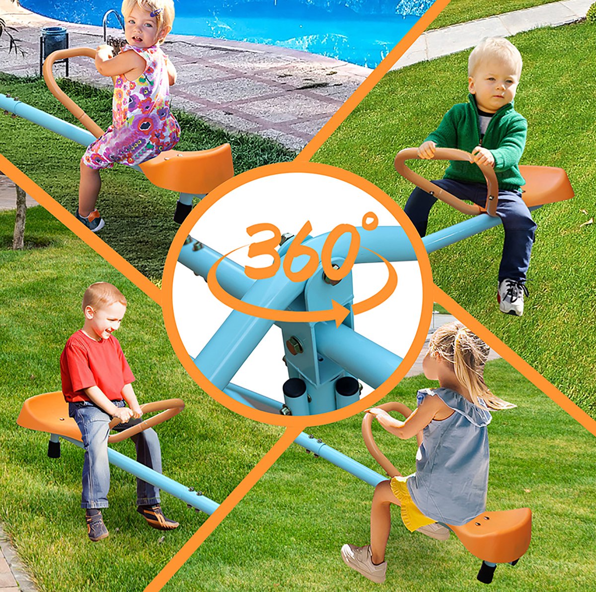 MIVRAY Balansspeelgoed Vierpersoons Seesaw 182.88 Cm IJzer En Kunststof Blauw Oranje Voor Tuin School En Kinderspel