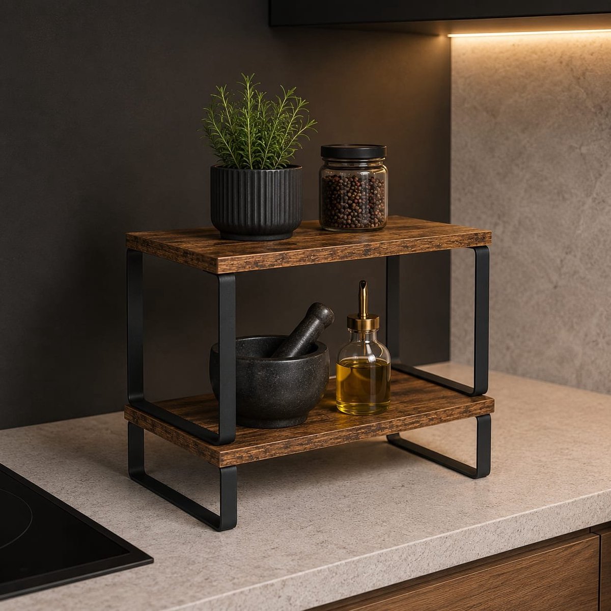 Lano&Go Kruidenrekjes set van 4 – Stapelbare uitzetbare keukenplanken, metaal en spaanplaat, voor keukenkastje, vintage bruin-zwart