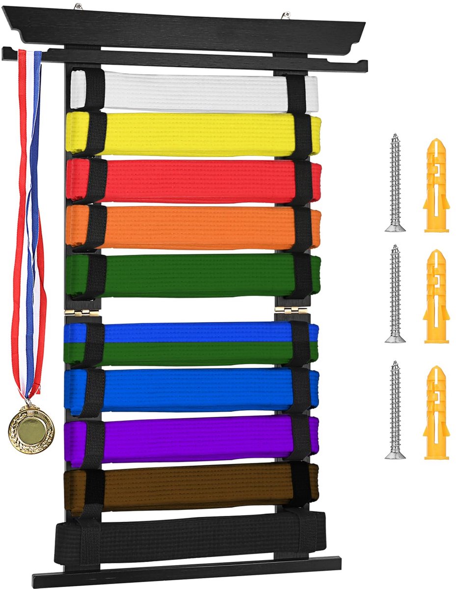 Dailygoods - Martial Arts Belt Holder voor 10 Taekwondo, Judo, Karate en Ninjitsu Belts - Persoonlijk Cadeau Zwart