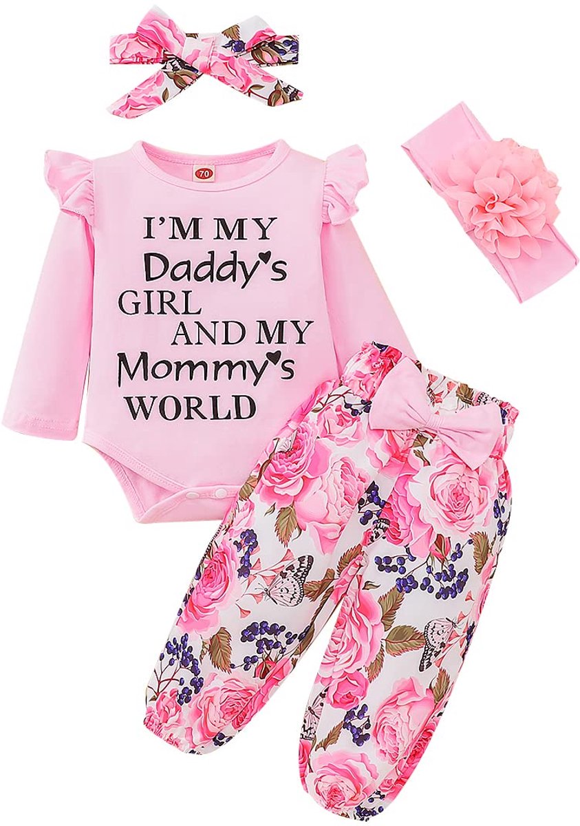 SnelShoppen - UUAISSO Babypakje met Lange Mouwen, Rompertjes, Blouses en Bloemenbroek Set met Hoofdband voor Meisjes, Roze, 12-18 Maanden, Perfect voo