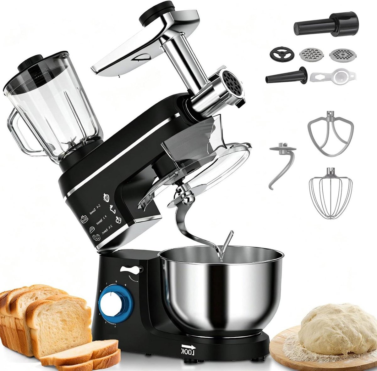 Keukenmixer - Keukenmachine - Bakken en koken - 5-in-1 multifunctioneel - 10L kom - Zwart