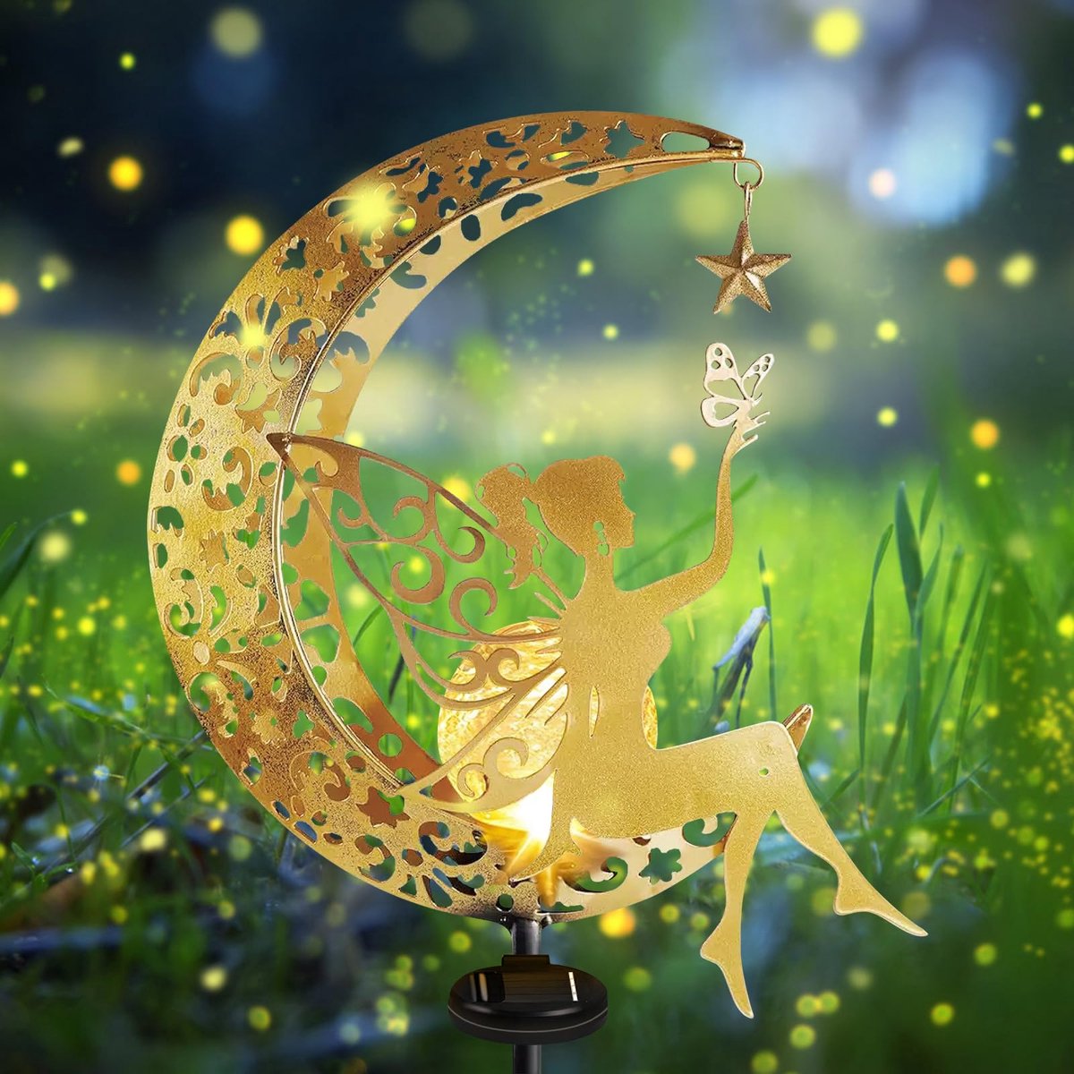 SnelShoppen - Mond Solar Verlichting Buitentuinen, Waterdichte Buitenlamp met LED en Glazen Bol, Tuinlamp Metaal met Grondprikker voor Feest en Tuinve