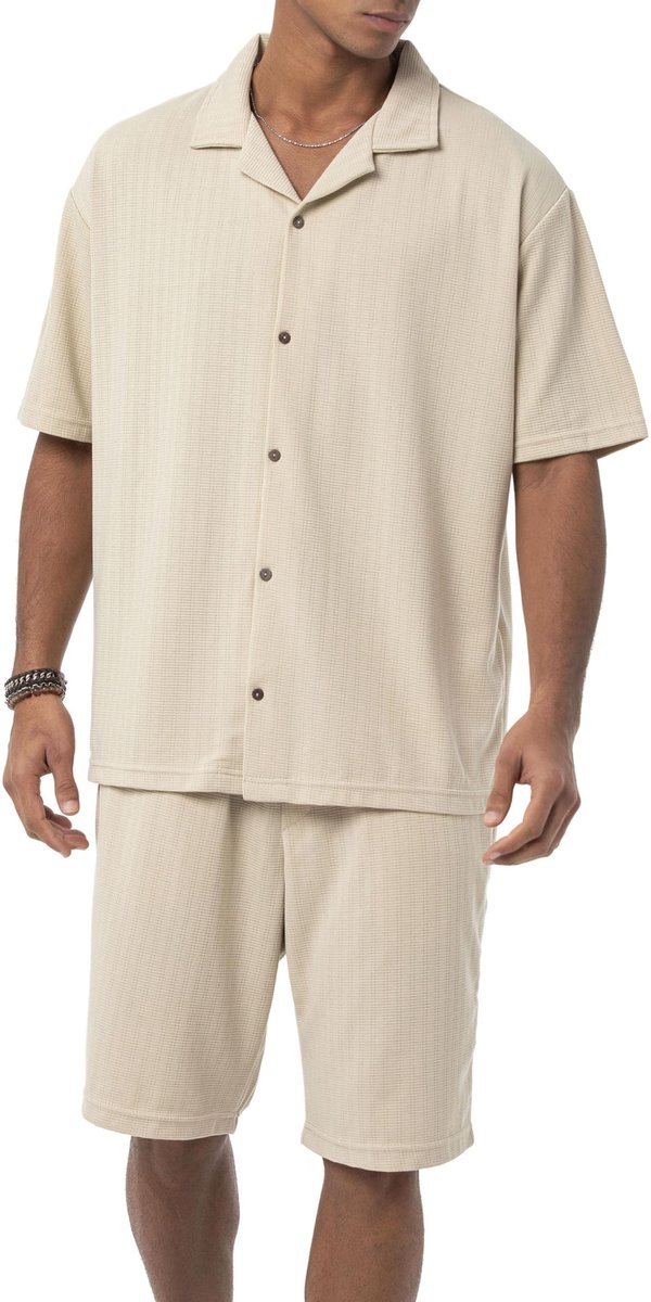 SnelShoppen - Herenkostuum met korte mouwen en korte broek, beige, maat L - Perfect voor feestjes, casual uitjes, en zomerse evenementen