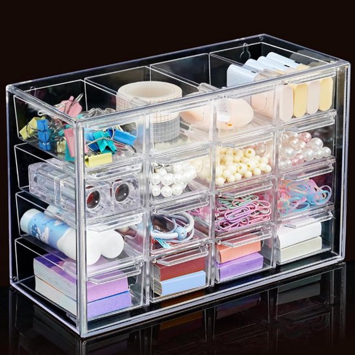 Thijox - Bureau-opbergorganizer met 16 mini-laden, doorzichtige desktop knutselopberger, stapelbare opbergdoos voor make-up, sieraden, kantoorbenodigd