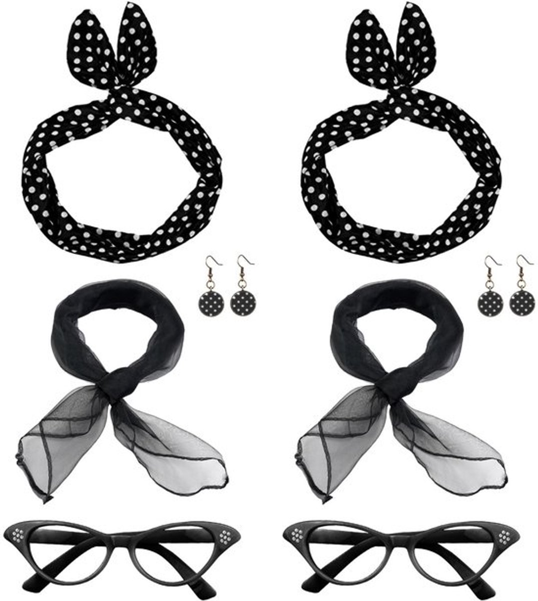 Retro 50s Kostuum Accessoires Set - 8 Delig - Zwart - Voor Dames en Meisjes