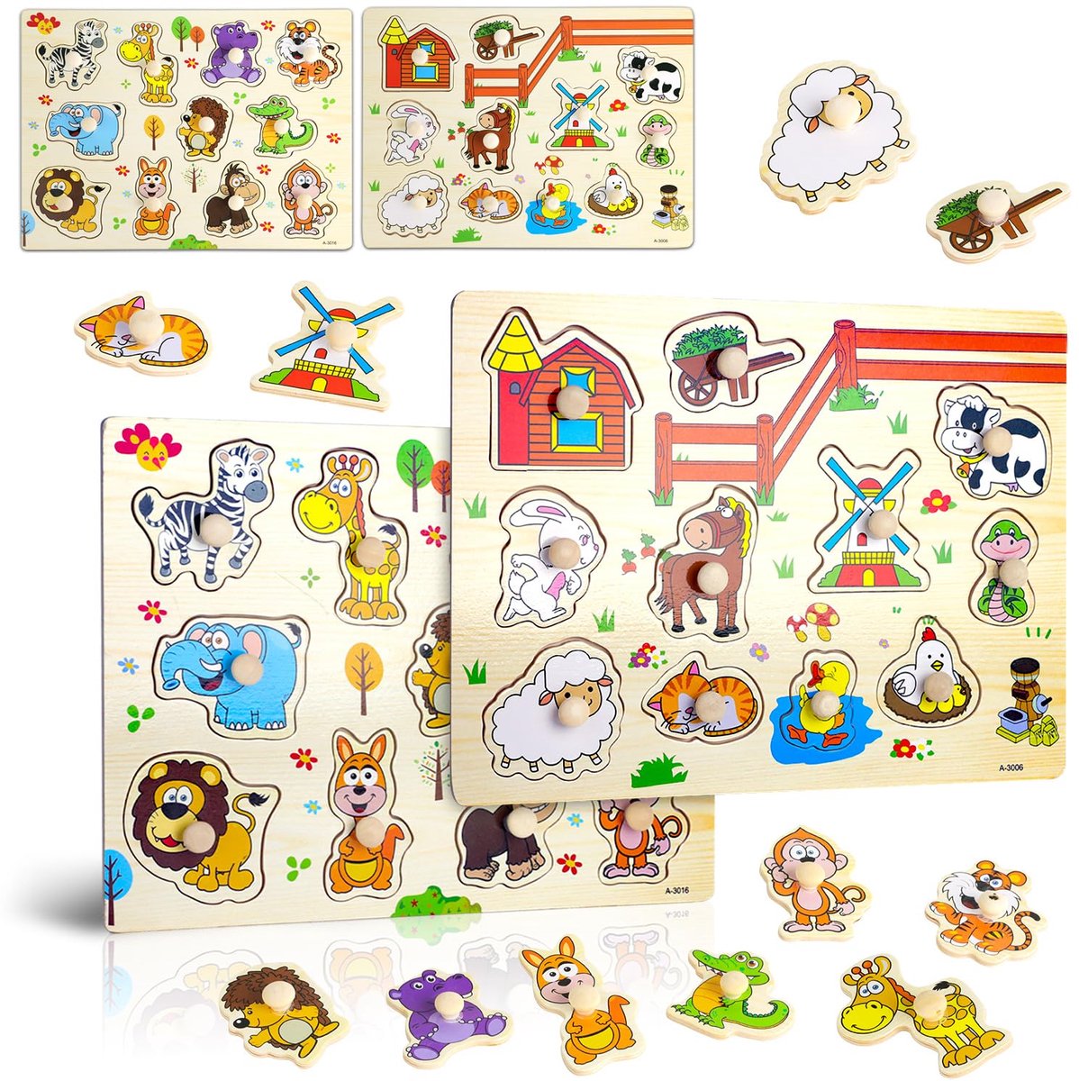 Dailygoods - Houten Puzzelset - Boerderij en Jungle Dieren