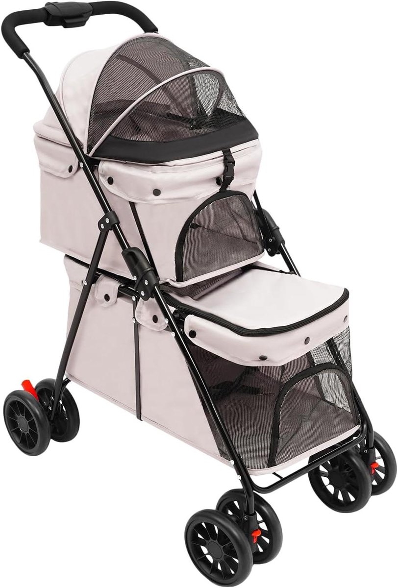 Huisdierwagen 2 verdiepingen - Hondenbuggy Kattenwagen - Reizen met huisdieren - Opvouwbaar en stabiel - 95 cm hoog - Grijs