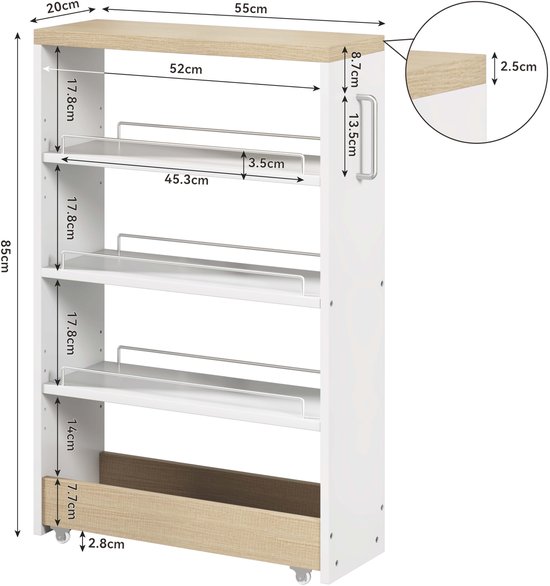 FloraGrace Opbergwagen - 20 Cm Smal - 4 Verstelbare Planken - MDF - Wit met Houtlook - Op Wielen Voor Keuken, Badkamer en Voorraadkast — afbeelding 5