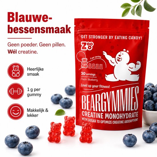 Rode zak met "BEARGYMMIES CREATINE MONOHYDRATE" erop. Blauwe bessen en rode beren snoepjes. "Blauwe-bessensmaak".