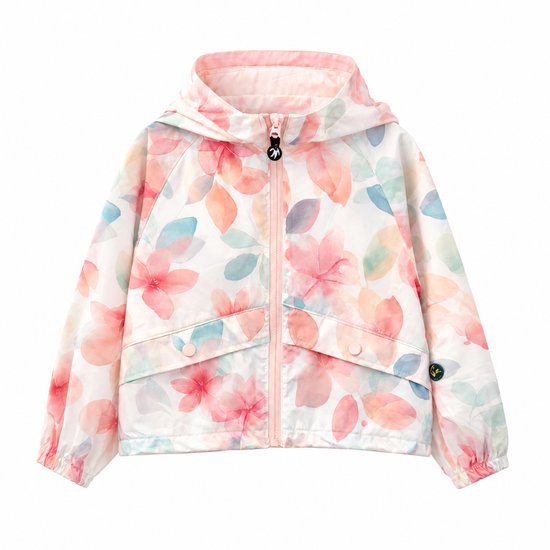 Jack met capuchon en bloemenprint in pastelkleuren, roze rits.