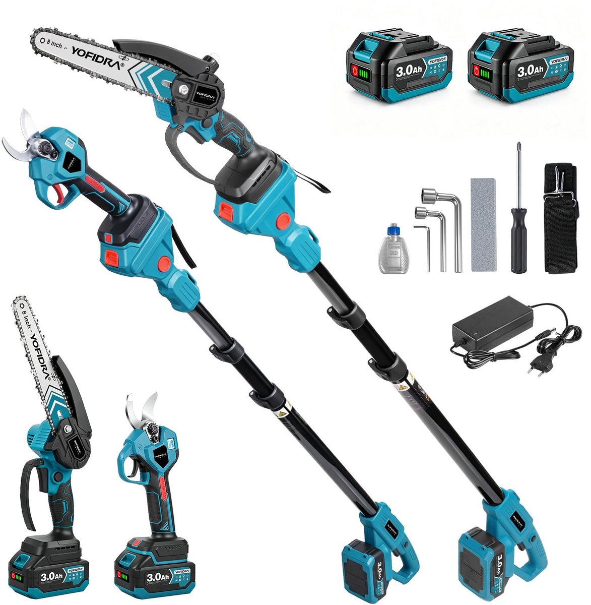 SnelShoppen - 4-in-1 Draadloze Telescopische Snoeischaar en Kettingzaagset, Stoksnoeischaar met 2 x 3,0 Ah Accu's, 20 cm Kettingzaag, 30 mm Snoeischaa