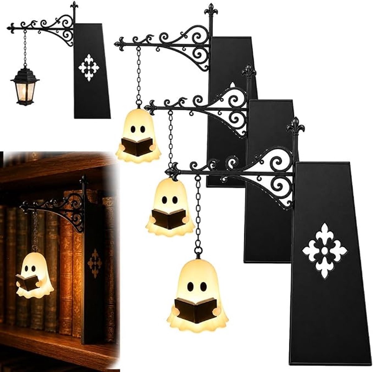 4 Stuks Bibliotheeklantaarn - Boekensteun Metaal - Decoratieve Boekenplankverlichting - Retro Leesnachtlampje - LED-Nachtlampje Met Warme Tint - Geschikt Voor Boekenplanken, Leeshoekjes, Studeerkamers En Slaapkamers - Spookleeslamp & Vintage Hanglamp