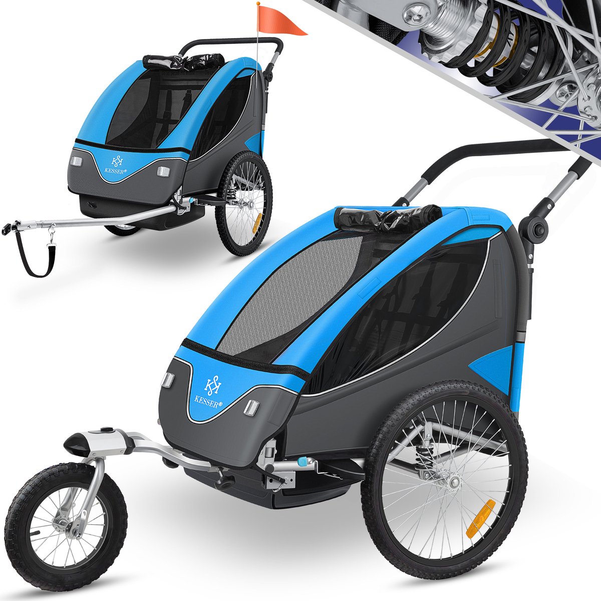 KESSER® Cruiser Kinderfietskar 360° draaibaar met vering 2in1 Jogger functie Kinderfietskar + 5-puntsgordel Jogger Fietskar voor 1 tot 2 kinderen max. 40kg - Blauw / Zwart