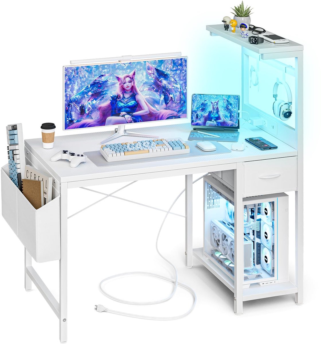 SnelShoppen - Grandder Gamingbureau 40 inch met Stopcontact en LED-licht, Computerbureau met Omkeerbare Planken, Opberglade, Klein PC Bureau voor Thui