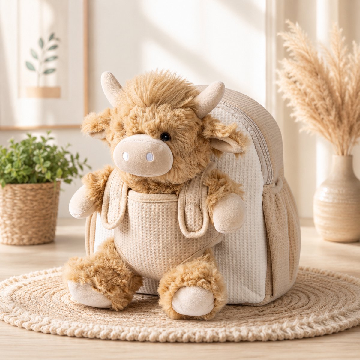 Kleuterschoolrugzak Schotse Hooglander met Afneembaar Pluche Speelgoed - Pastelkleur - Kinderrugzak voor Peuters 1-3 Jaar - voor Kindertuin, Reizen & Dagelijks Gebruik - Zachte Pluche, Veilig Geborduurde Ogen - 25 cm, Verstelbare Banden