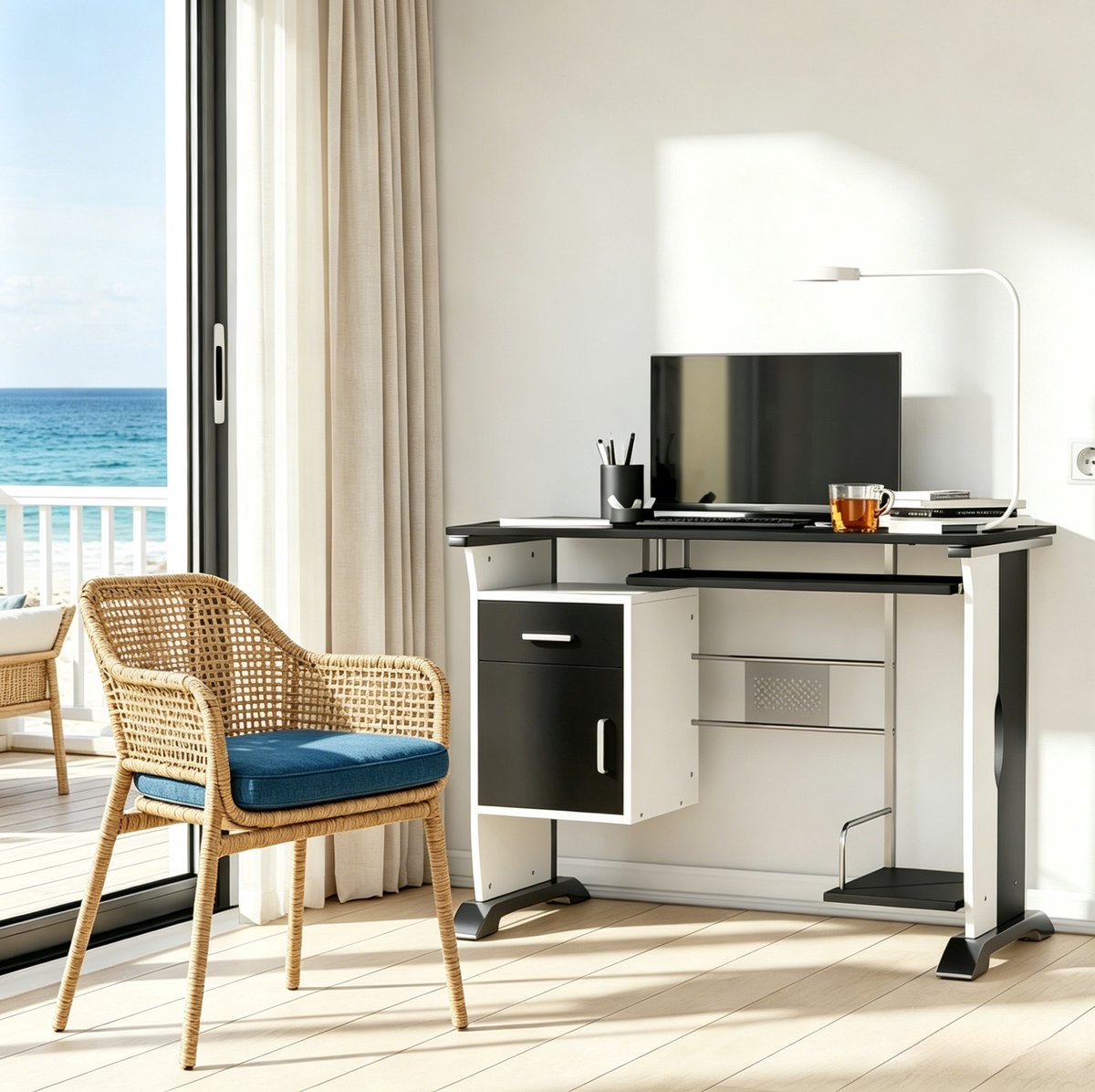 STILVORA Bureau Met Opbergruimte En Uittrekbaar Plateau Voor Thuiswerk En Gaming In Modern Design Van Metaal Zwart Wit 100x52x75 Cm