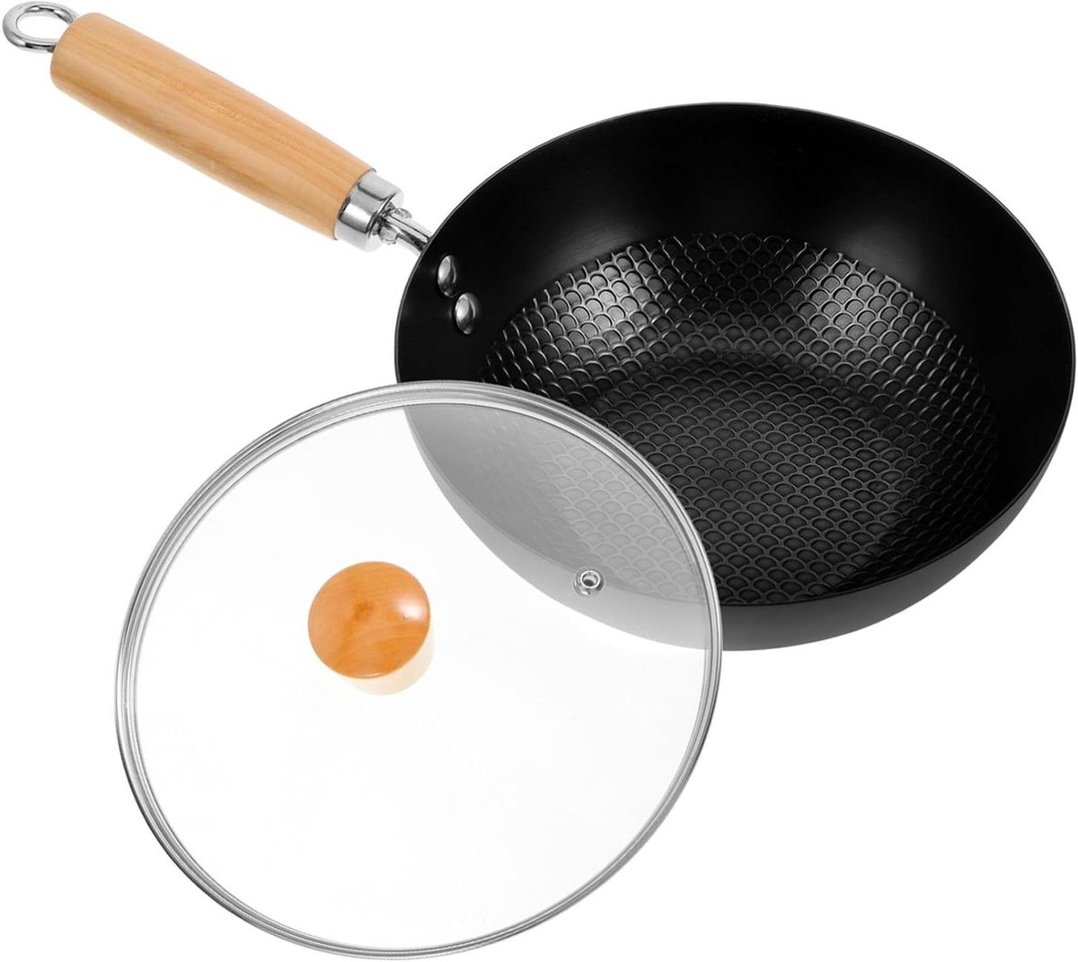 Kleine Ijzeren Wok Koekenpan met Deksel Thuis Koken Antiaanbaklaag 34X20X8.5CM Zwart