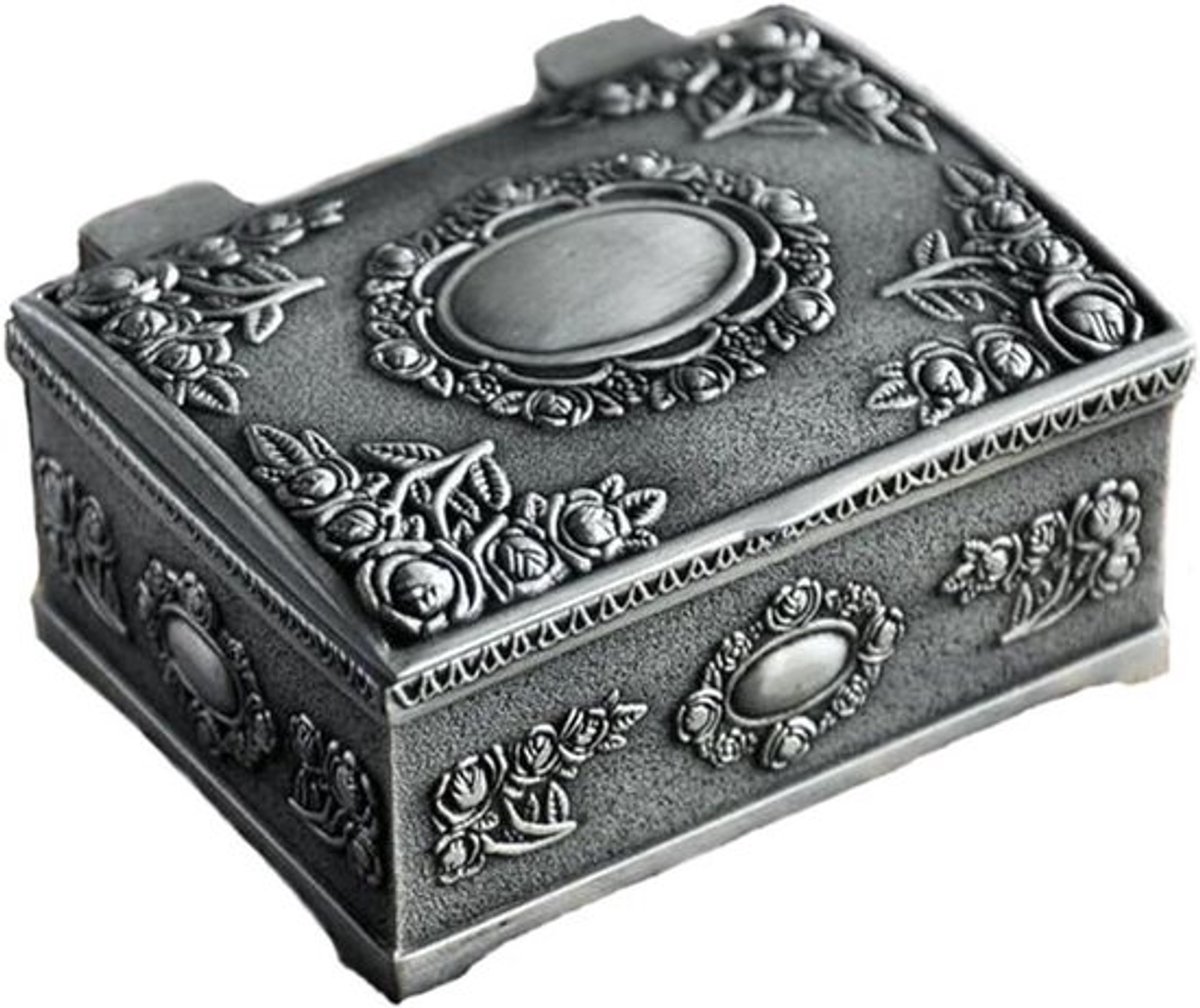 Retro sieradenkistje voor dames en meisjes - Zinklegering sieradendoos - Antiek zilver - Juwelenopberger met vintage uitstraling
