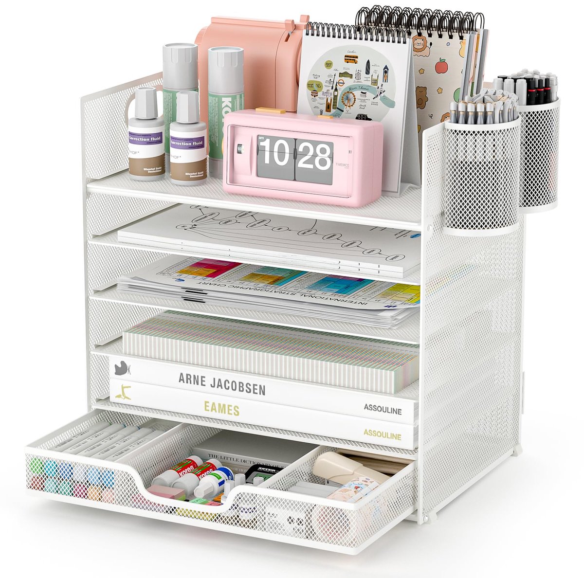 SnelShoppen - Bureau-organizer stapelbaar met 6 niveaus opbergvakken, mesh met laden en 2 pennenhouders voor kantoor, school, werkkamer, opbergtafel