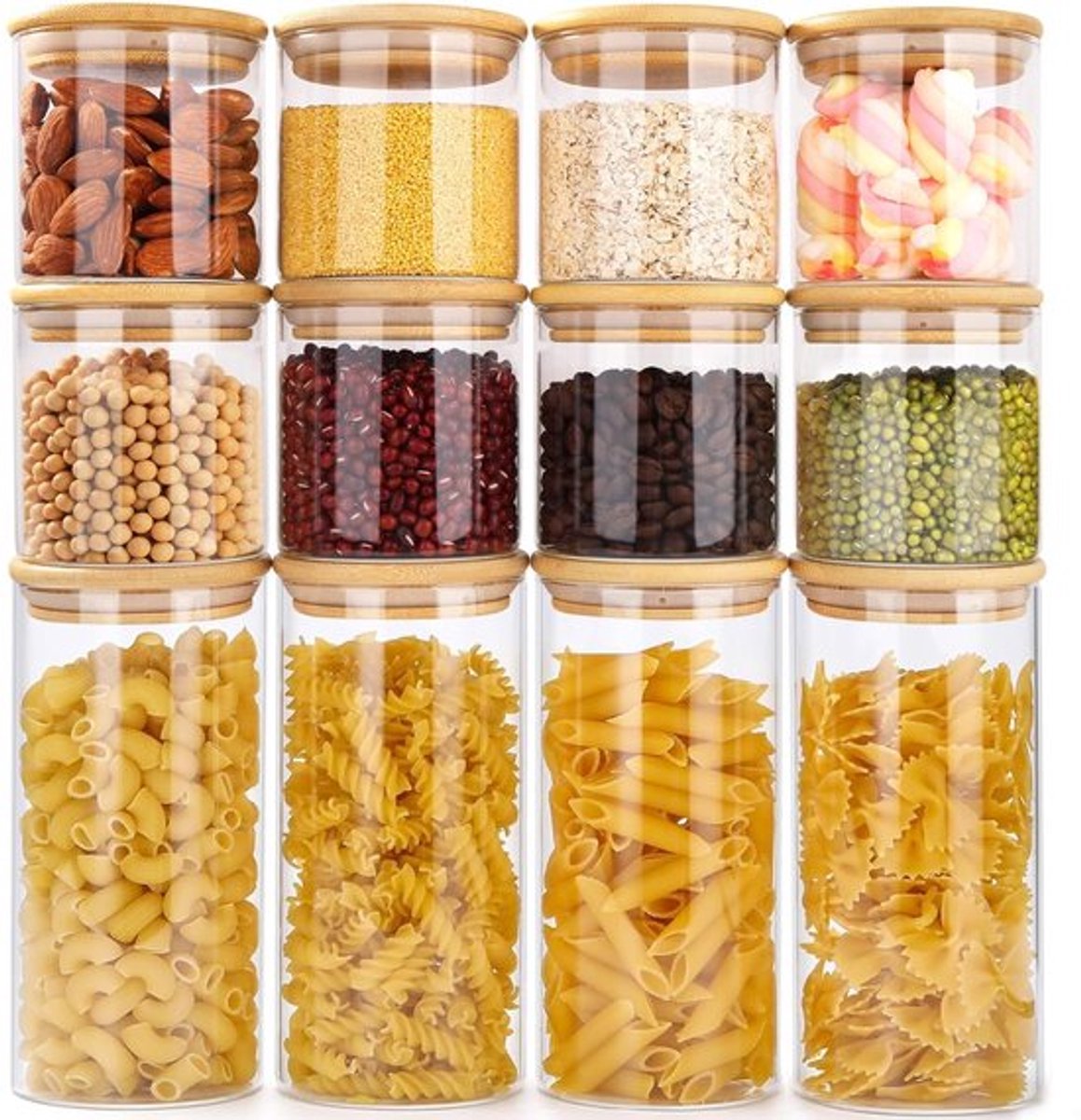 Opslagpotten 12-delig - Borosilicaatglas - Luchtdichte deksel - Houten deksel - 650ml/300ml - Duurzaam en stijlvol - Opslagcontainers