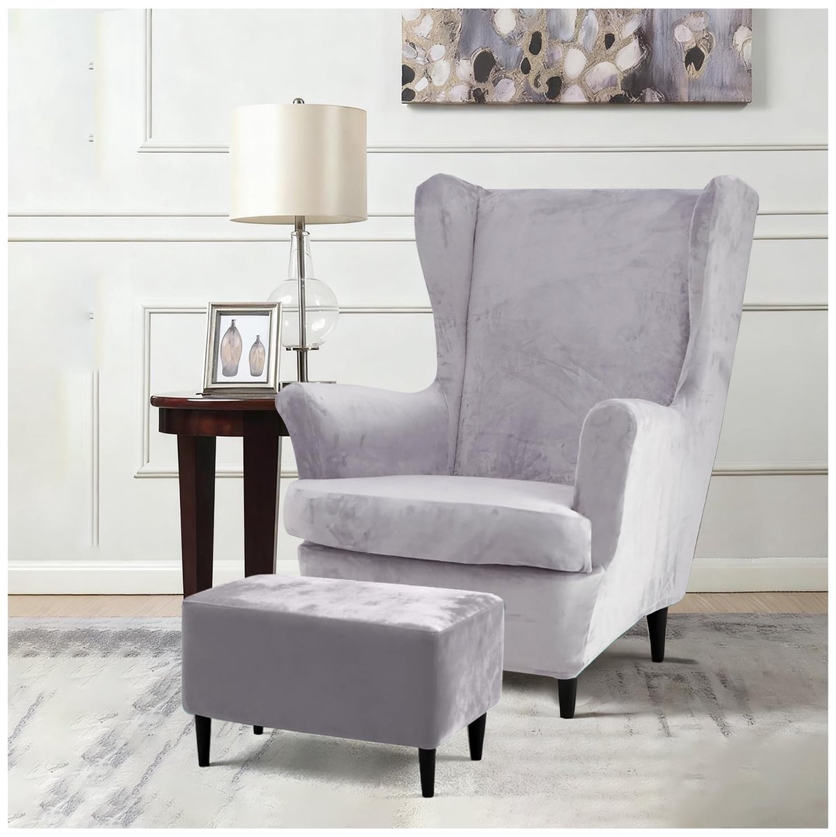 SnelShoppen - 3-delige Armstoel Set met Voetenbank, Retro Armstoel met Stofvrije Hoes, Wasbare Wingchair Hoes voor Woonkamer en Restaurant (Rookkaart)