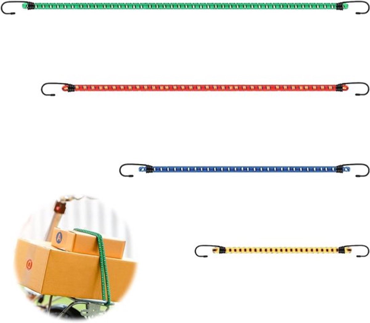 Set van 4 elastische touwen met haken voor bagagedrager - Duurzame elastische riemen voor bagage - Outdoor-activiteiten - 4 maten inbegrepen.