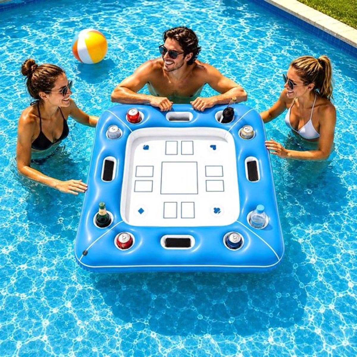 SnelShoppen - Luchtmatras met Bekerhouder en Kaartspeloppervlak, Groot Zwembadspeelgoed voor 4 Personen, Perfect voor Zwembadfeesten, Strand en Meer