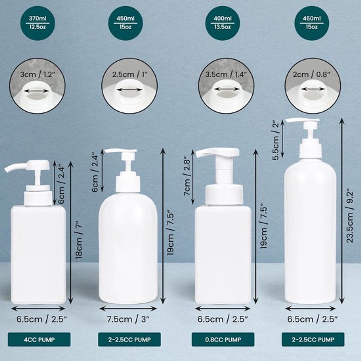 - Lege Pomp Dispenser Flessen - Wit Hervulbaar 370-450ml Badkamer Containers voor Shampoo, Lotion, Vloeibare Zepen & Essentiële Oliën.