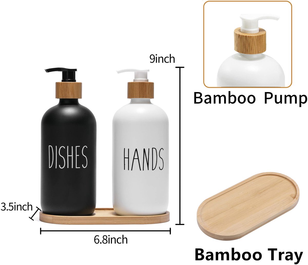 SnelShoppen - Glazen Zeepdispenserset met Bamboepomp - Keuken en Badkamer Dispenser - Boerderij Woondecoratie - 2 Stuks Zwart - Modern en Duurzaam