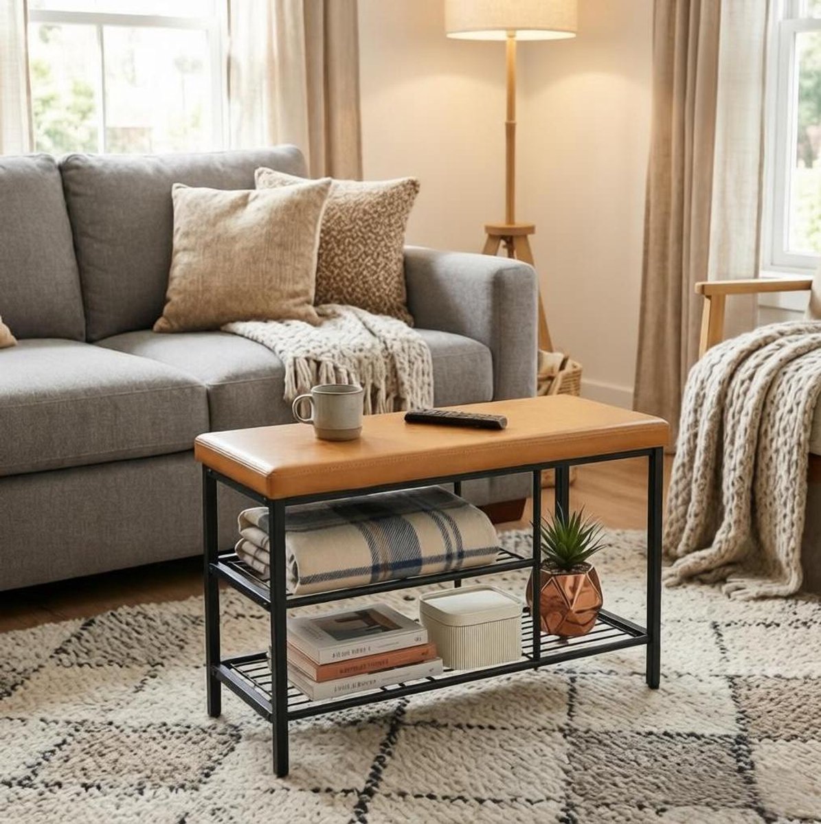 REDOM - Schoenenkast - Open opbergrek met zitkussen - Metalen frame en verstelbare poten - Moderne stijl - Hal en woonkamer - Zwart en Bruin - 80 x 30 x 50 cm