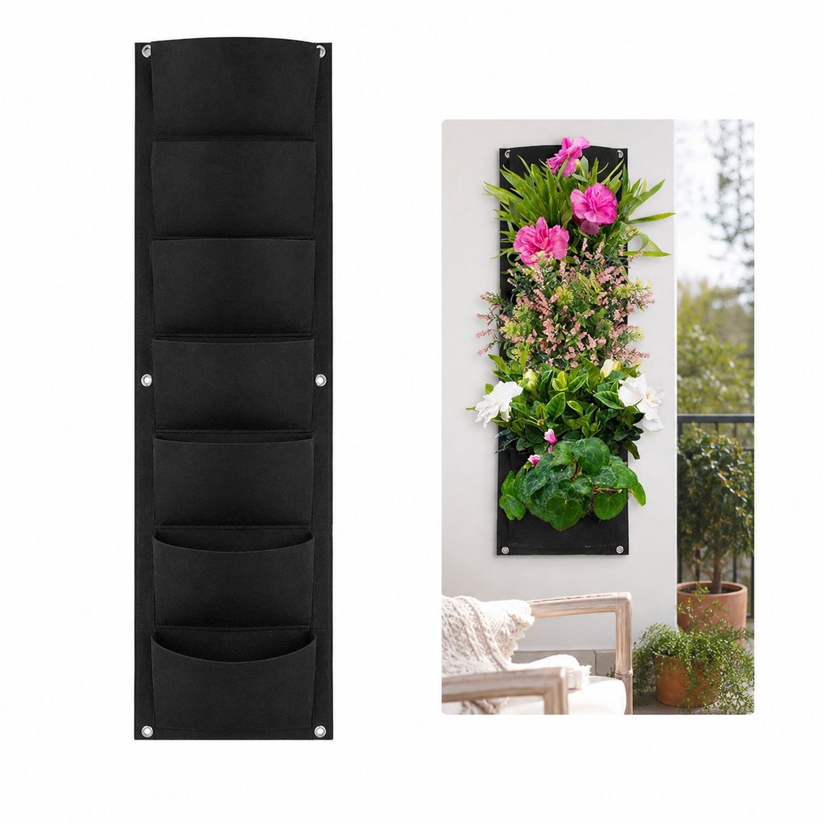 VHV - Verticale Plantenbak 7 Vakken - Hangende Vilten Wandplanter met Metalen Ogen - Voor Balkon, Tuin en Muur