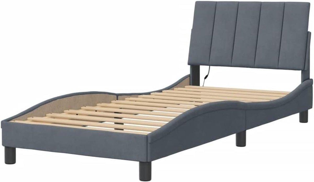 Bedframe met LED - Eenpersoonsbed Bed ombouw - Ontspannen Slapen - Zacht Fluweel Hoofdbord - 80x200 cm - Donkergrijs
