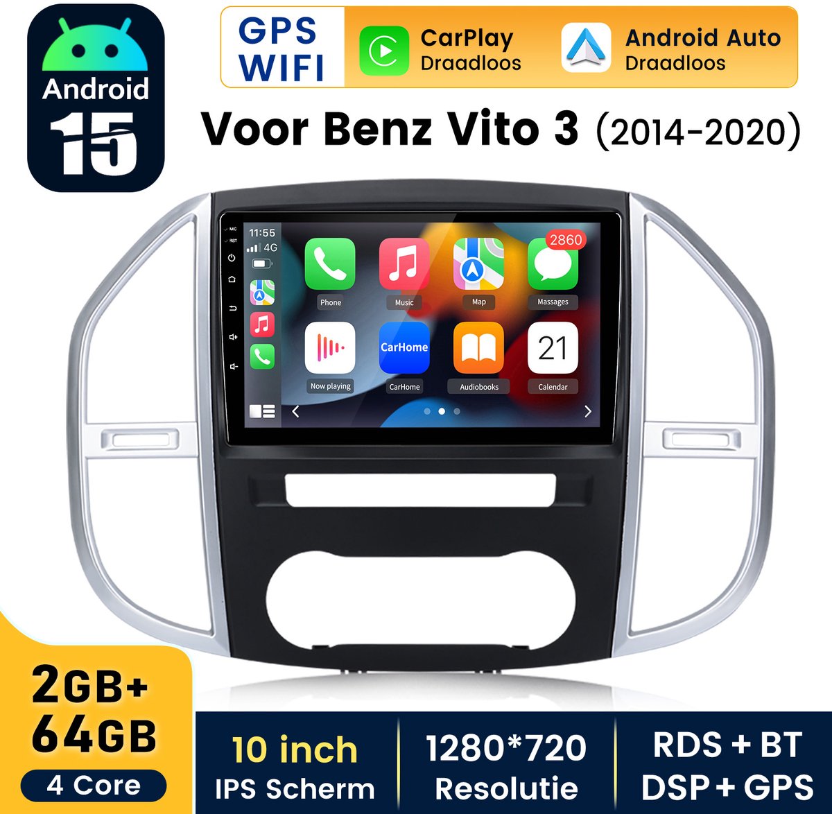 HexinexMarket - 2GB+64GB Autoradio Geschikt voor Mercedes Benz Vito 3 W447 (2014-2020) - Draadloos CarPlay, Android Auto, GPS Navi, multimediaspeler
