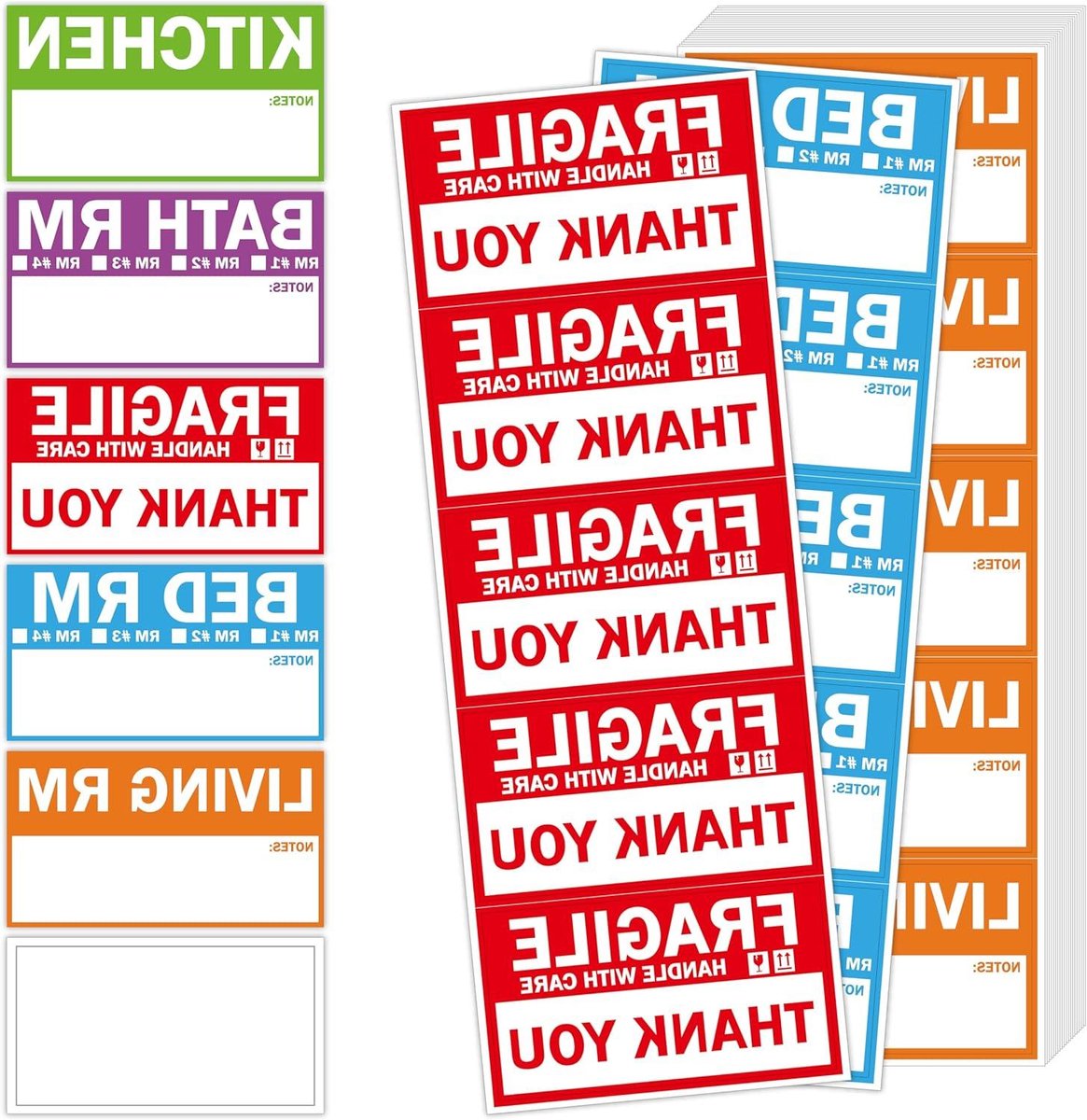 Verhuisdozen Labels - Verhuisstickers Kleurcodering - Organiseren van Verhuizing - 5 Kleurontwerpen - 5 cm x 9 cm - Multicolor