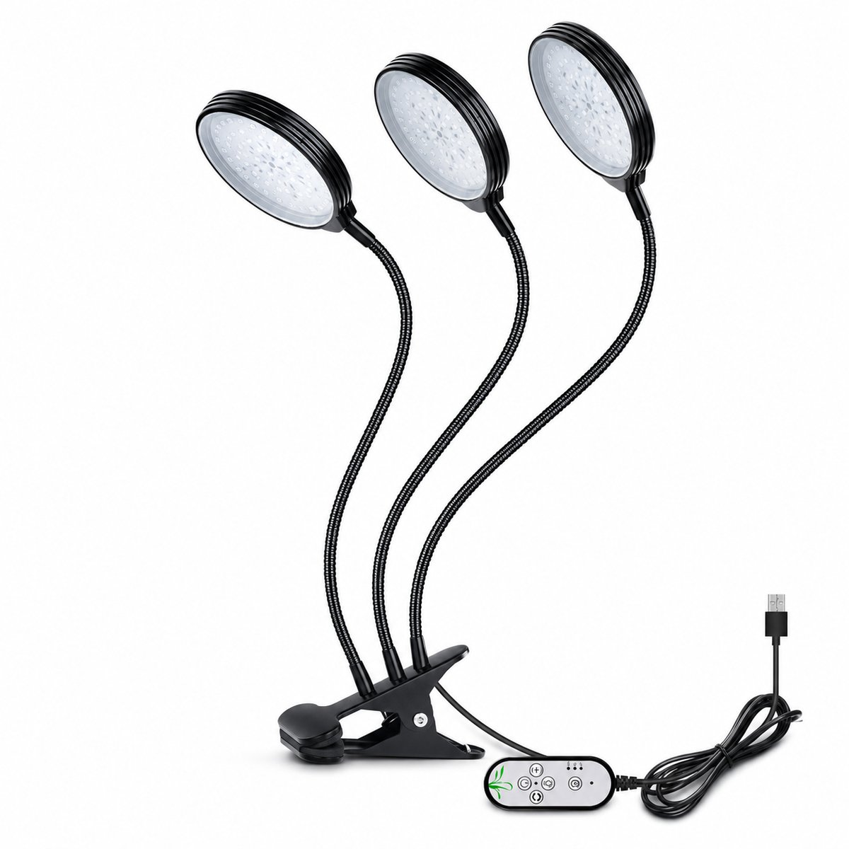Gloovon® Plantenlamp met Klem - 3 Koppen Rood Blauw Licht - Geschikt voor Kamerplanten Binnen - Met Timer & USB Voeding