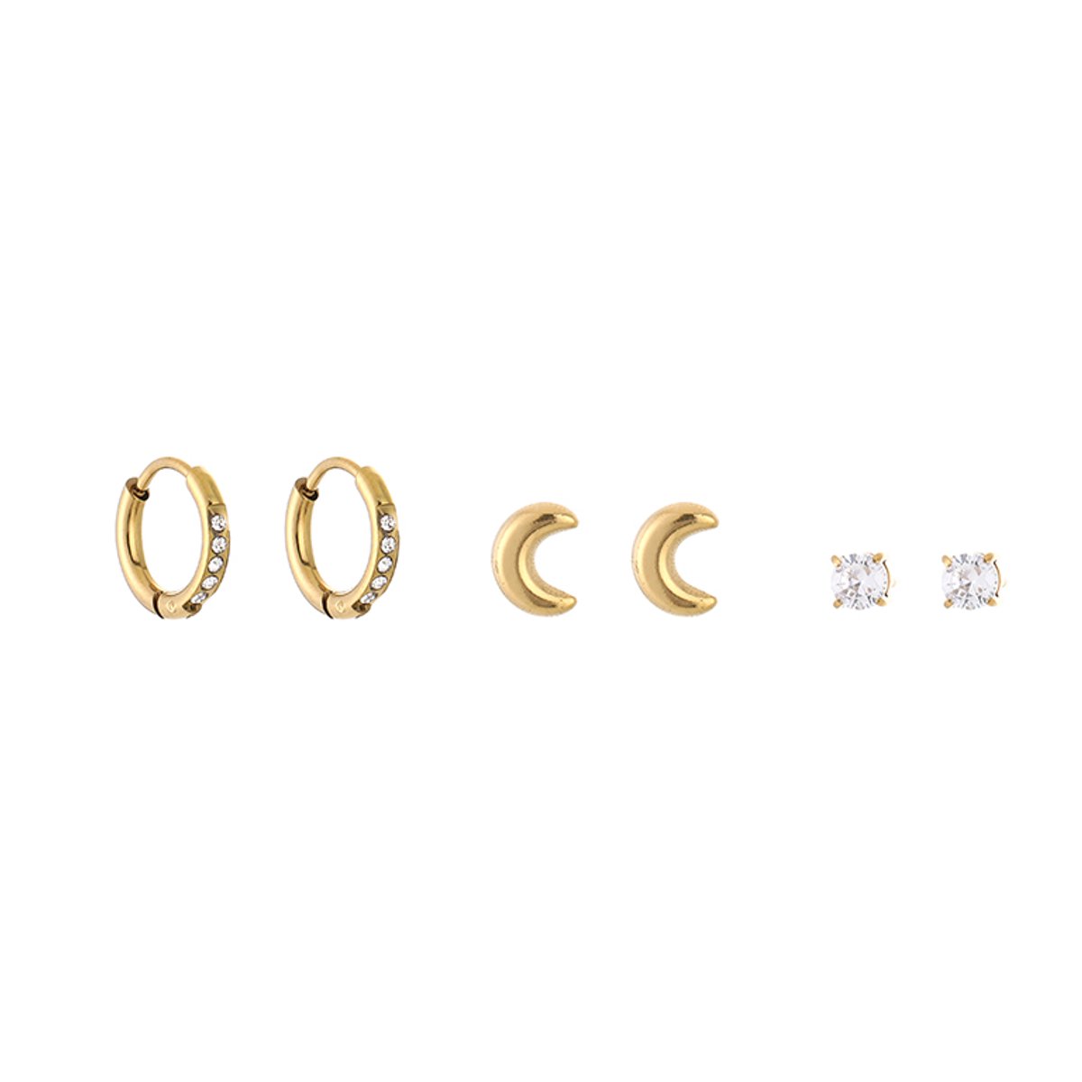 Stainless Steel Zirkonia, Maan & Pavé Hoops Oorbellen Setje – Luxe Curated Ear Set – RVS